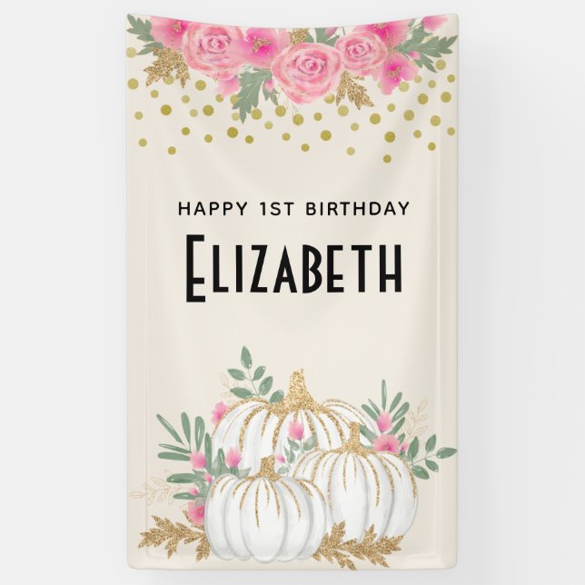 Banderoles Aquarelle Citrouille blanche et or Anniversaire (Vertical)