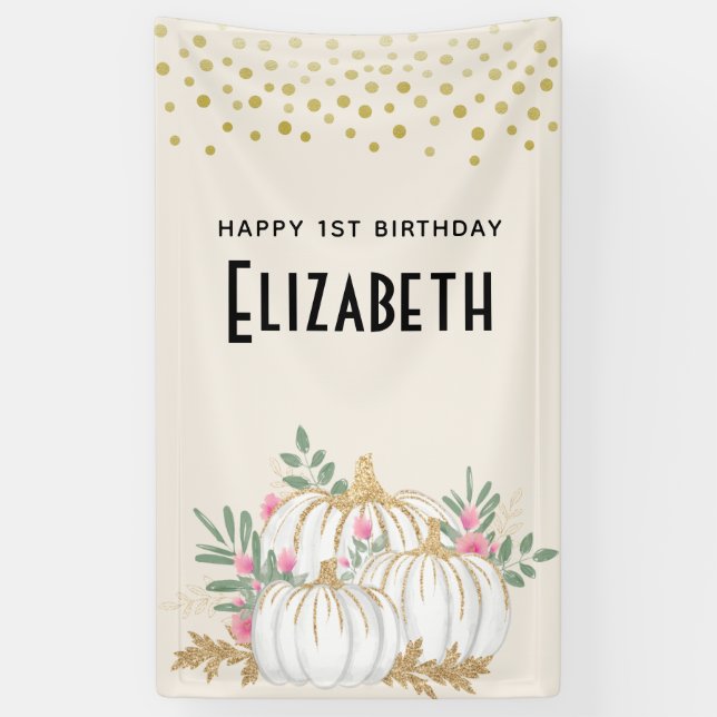 Banderoles Aquarelle Citrouille blanche et or Anniversaire (Vertical)