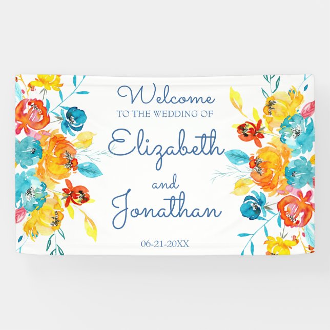 Banderoles Aquarelle couleur vive Mariage floral (Horizontal)