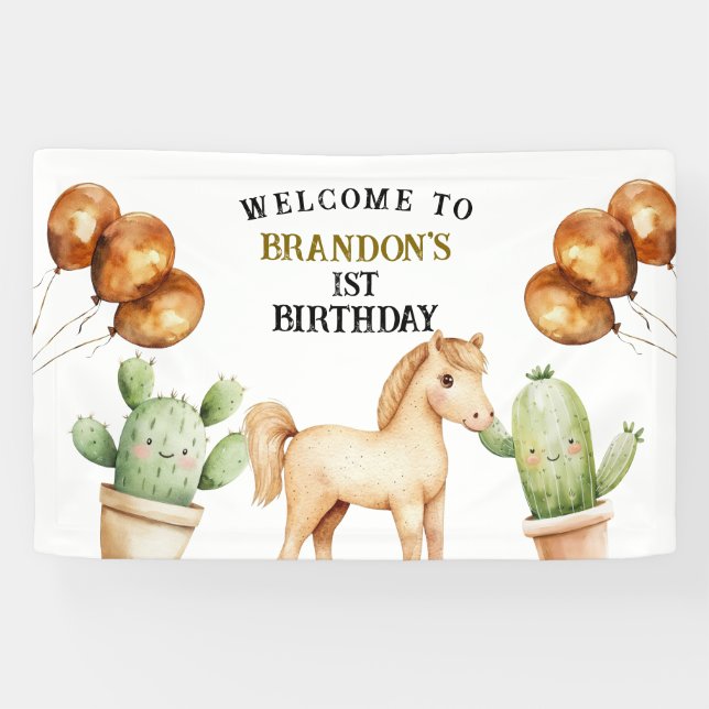 Banderoles Aquarelle Cute Cowboy 1er Rodéo Anniversaire (Horizontal)