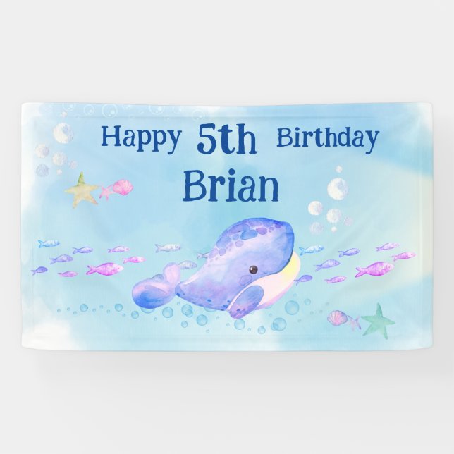 Banderoles Aquarelle de baleine bleue Anniversaire (Horizontal)