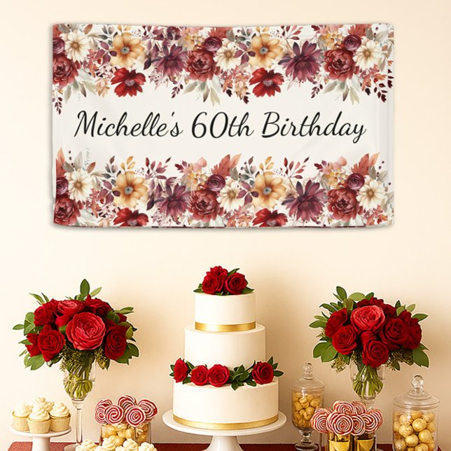 Banderoles Aquarelle de la crème bourguignonne Floral 60e ann (Elegant fall floral 60th birthday party banner)