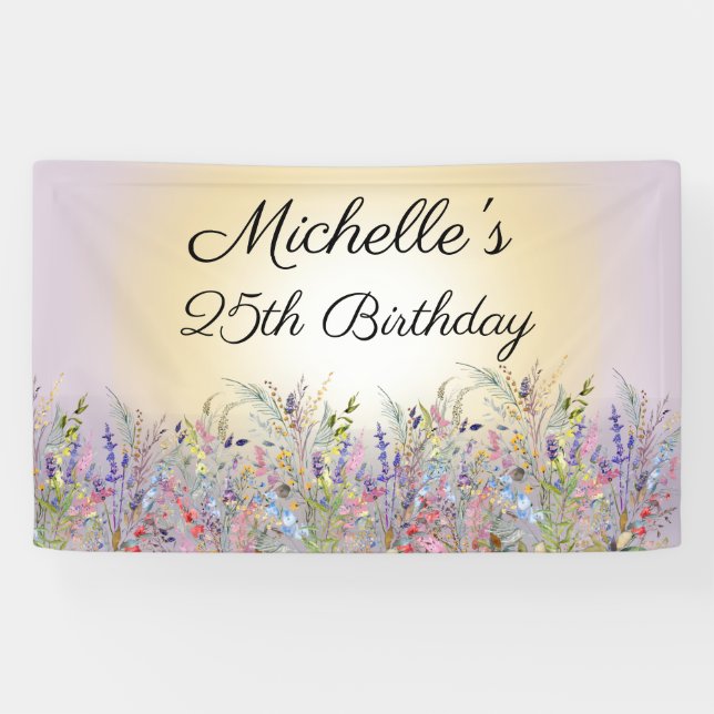 Banderoles Aquarelle Fleur sauvage soleil violet Anniversaire (Horizontal)