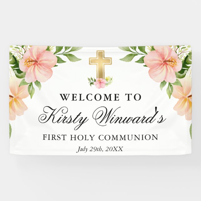 Banderoles Aquarelle Fleurs tropicales Première communion sai (Horizontal)