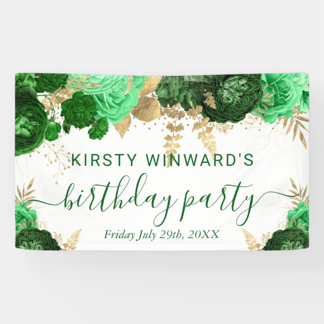 Banderoles Aquarelle Fleurs vert et or Anniversaire (Horizontal)