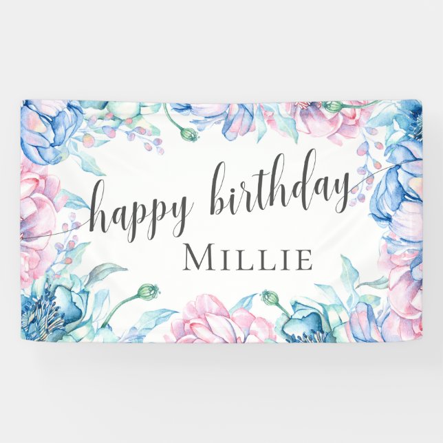 Banderoles Aquarelle Floral Élégante ferme Joyeux anniversair (Horizontal)