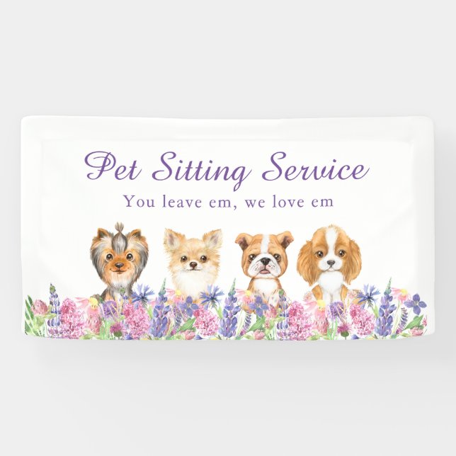 Banderoles Aquarelle Florale Chien Animaux de compagnie assis (Horizontal)