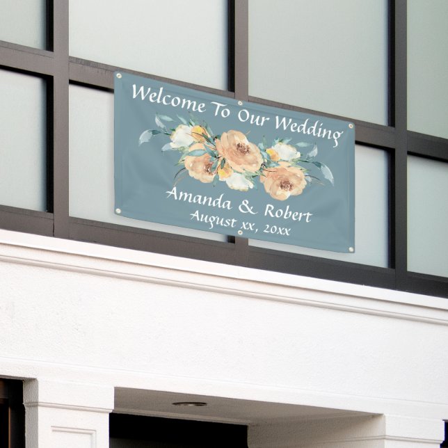 Banderoles Aquarelle Florale Mariage d'été bleu vert (Bâtiment extérieur)