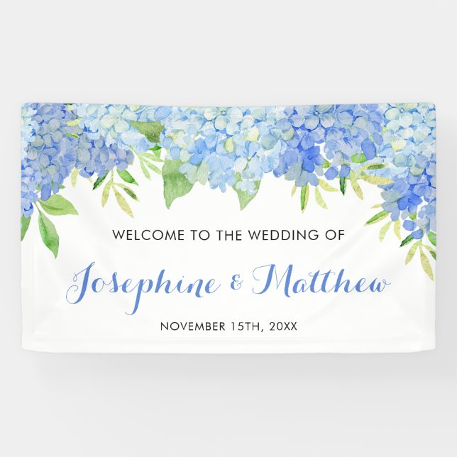 Banderoles Aquarelle Hydrangea Blue Floral Mariage (Horizontal)