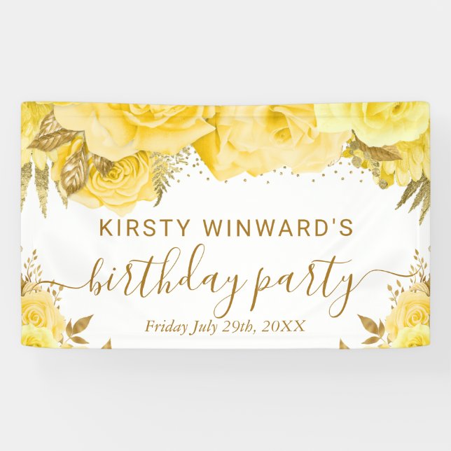 Banderoles Aquarelle Jaune et or Roses Anniversaire (Horizontal)