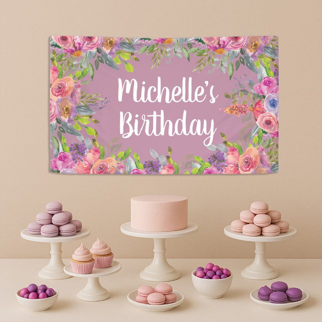 Banderoles Aquarelle mignonne rose violet couleur florale Ann (Elegant purple and pink watercolor wildflowers birthday party banner)