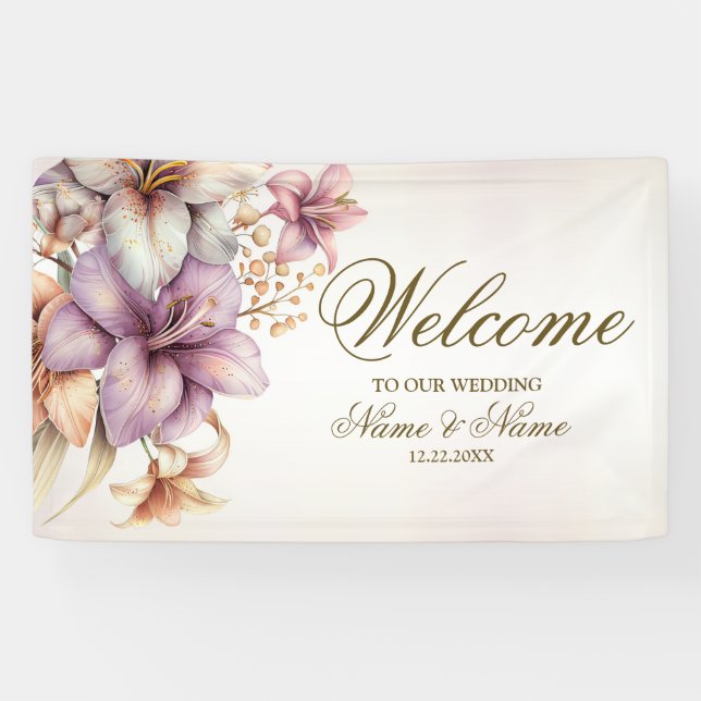 Banderoles Aquarelle Party Boho rose Fleurs Élégant (Horizontal)