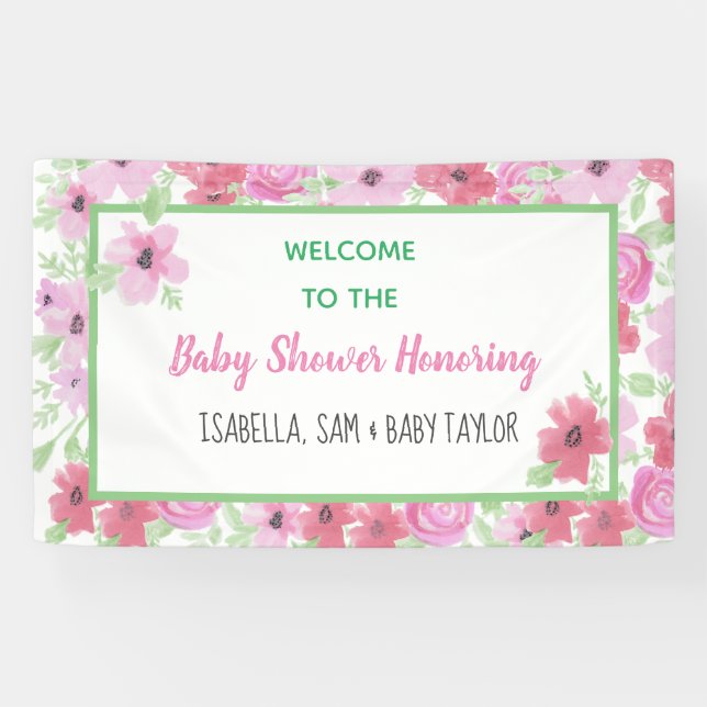 Banderoles Aquarelle rose Baby shower floral fille (Horizontal)