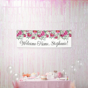 Banderoles Aquarelle rose chaud pivoines Bienvenue à la maiso