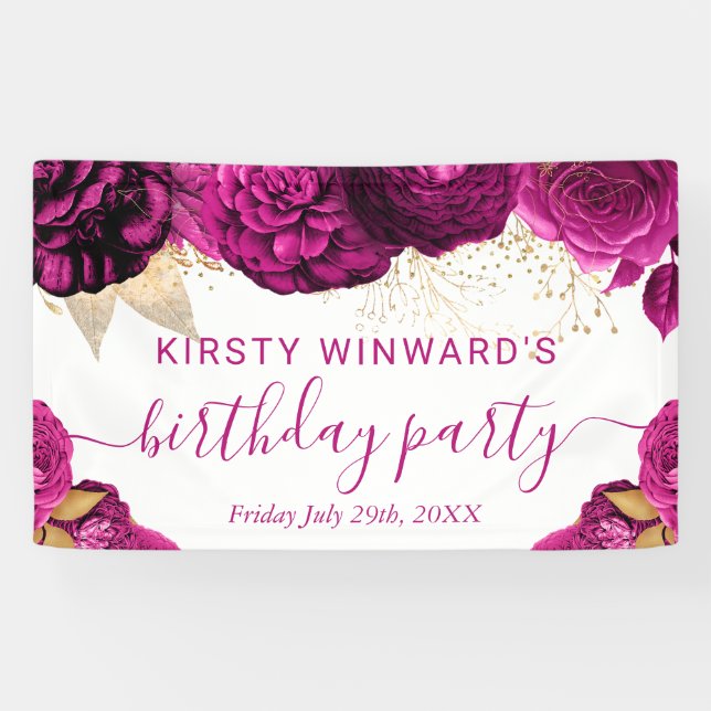 Banderoles Aquarelle rose et or Fleurs Anniversaire (Horizontal)