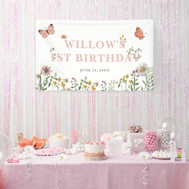 Banderoles Aquarelle rose Fleur sauvage 1er anniversaire (Fête)