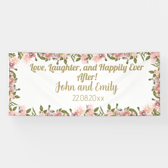 Banderoles Aquarelle rose floral Vert & or mariage (Horizontal)