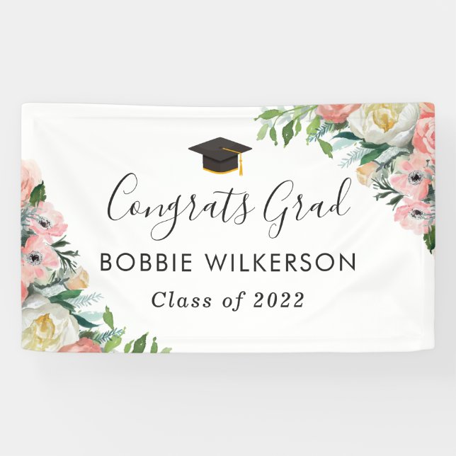 Banderoles Aquarelle rose pâle Fête de graduation florale (Horizontal)