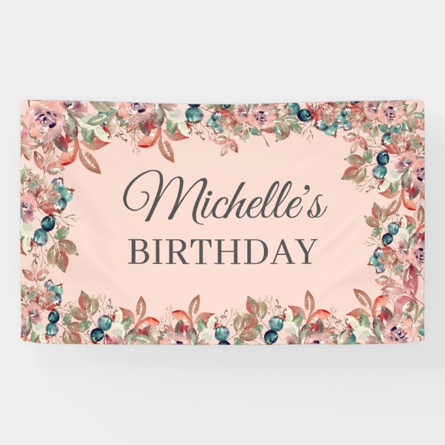 Banderoles Aquarelle rose Turquoise Fleur Anniversaire (Horizontal)