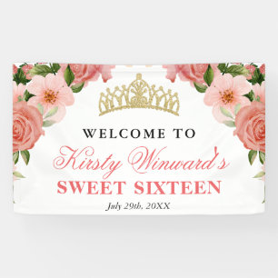 Banderoles Aquarelle Roses Roses Fuschia Bienvenue Seize Ans