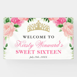 Banderoles Aquarelle Roses Roses Fuschia Bienvenue Seize Ans