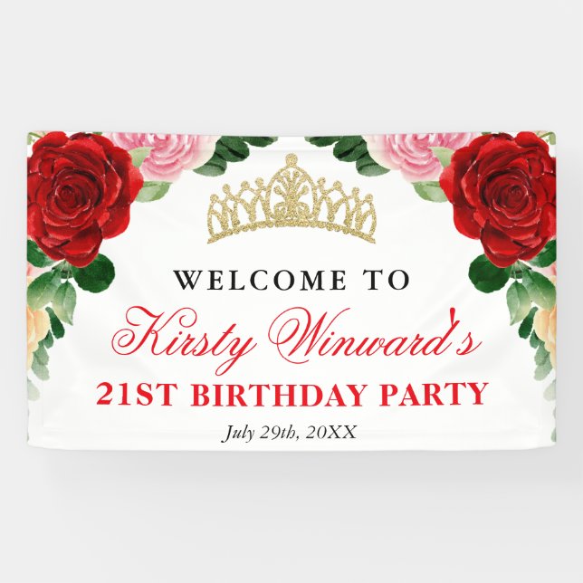 Banderoles Aquarelle Rouge Roses Bienvenue fête d'anniversair (Horizontal)