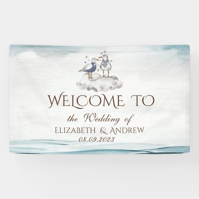 Banderoles Aquarelle Seagulls Beach Wedding (Horizontal)