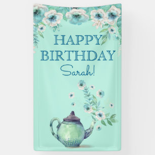 Banderoles Aquarelle Teapot Vert Mint Fleurs Aqua Turquoise