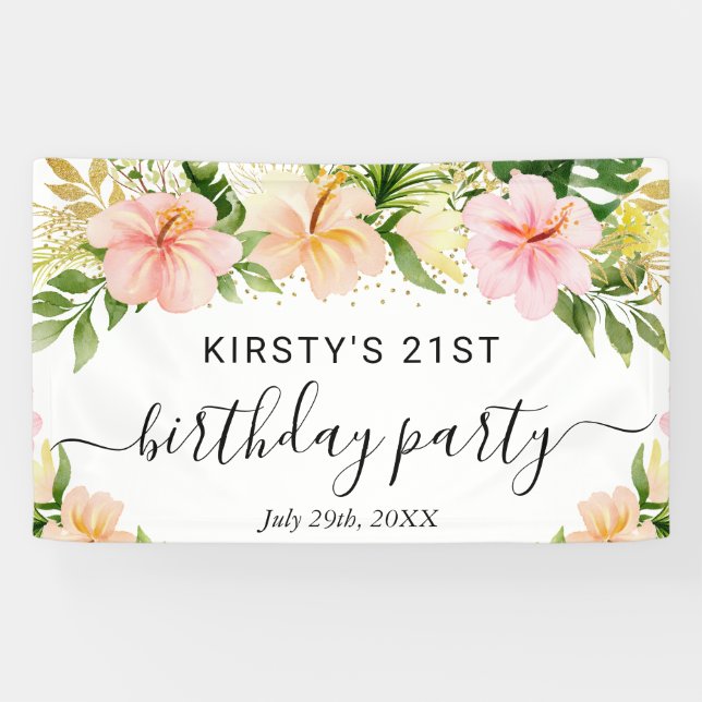 Banderoles Aquarelle Tropical Rose Fleurs Anniversaire (Horizontal)