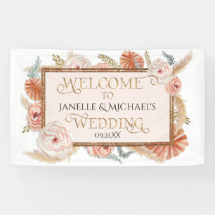 Banderoles Aquarelle Tropicale Florale Rose Or Pampas Palms