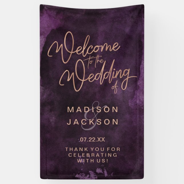 Banderoles Aquarelle violet foncé et Mariage or Rose Bienvenu (Vertical)