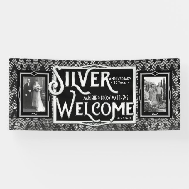 Banderoles Art Déco Mariage Argent Anniversaire Bienvenue Pho (Horizontal)