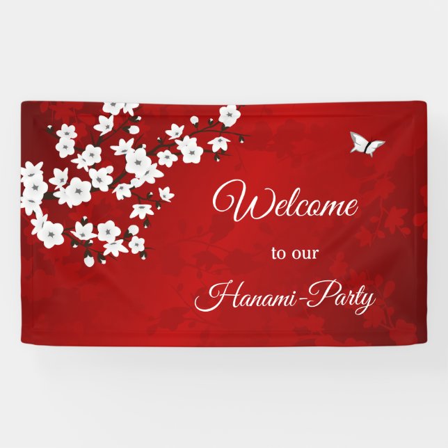 Banderoles Asie Floral blanc cerisier rouge (Horizontal)