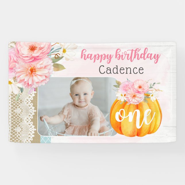 Banderoles Automne Floral Citrouille Baby Girl's 1st Birthday (Horizontal)