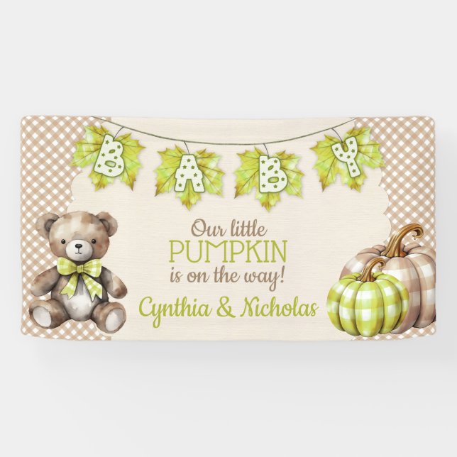 Banderoles Automne Plaid Teddy Bear Citrouille Feuilles (Horizontal)