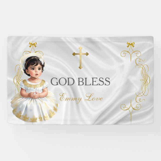 Banderoles Baby Girl Baptism Christening Gold Cross Banner (Horizontal)