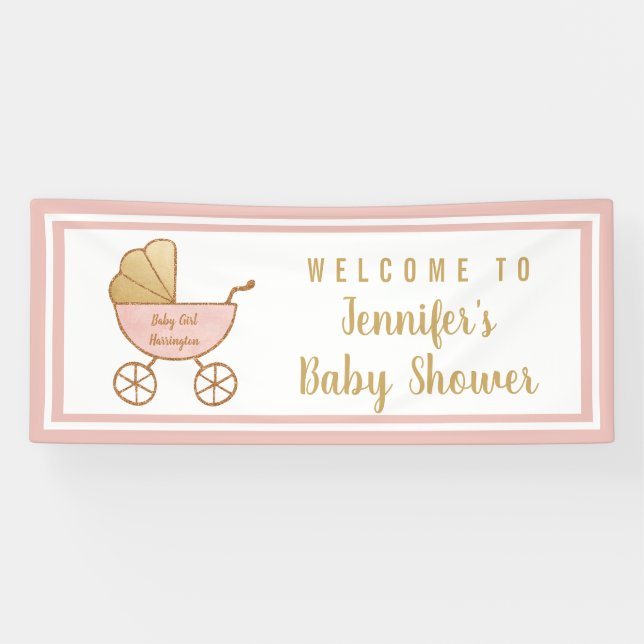 Banderoles Baby Girl Douche rose Carriage Bienvenue (Horizontal)