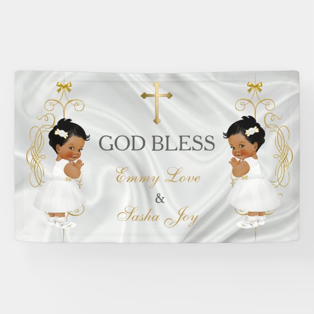 Banderoles Baby Girl Twins Baptême Christening Gold Ethnic (Horizontal)