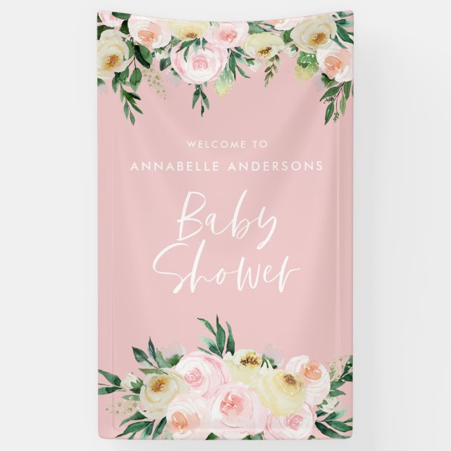Banderoles Baby shower aquarelle pêche rose script floral (Vertical)