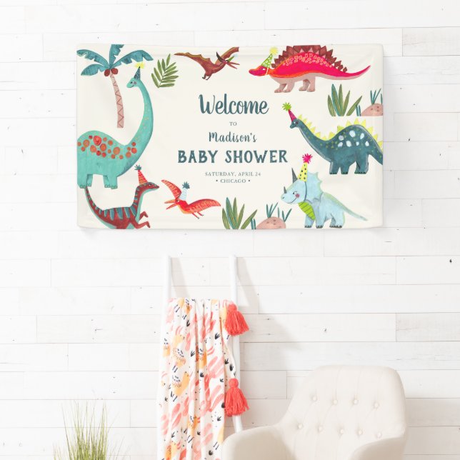 Banderoles Baby shower bleu dinosaure (En situation)