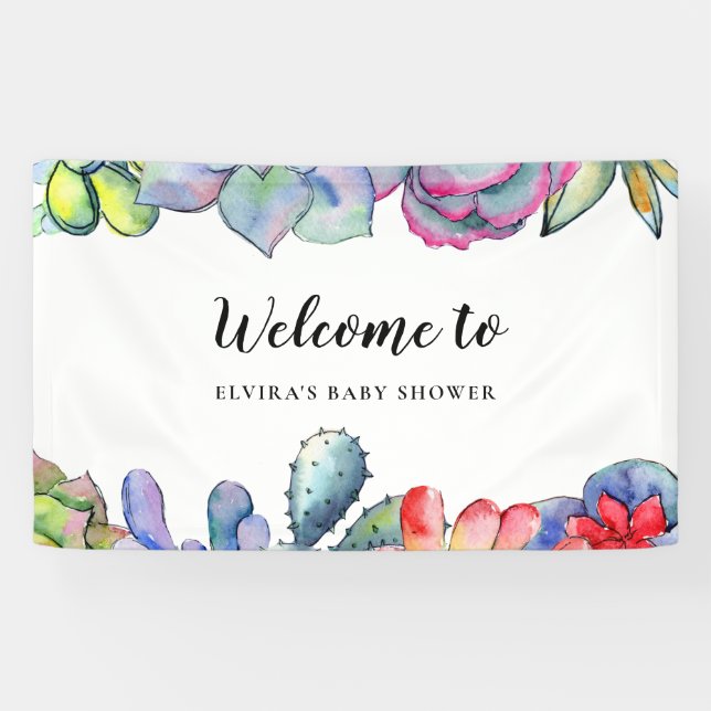 Banderoles Baby shower d'aquarelle de cactus succulent bienve (Horizontal)