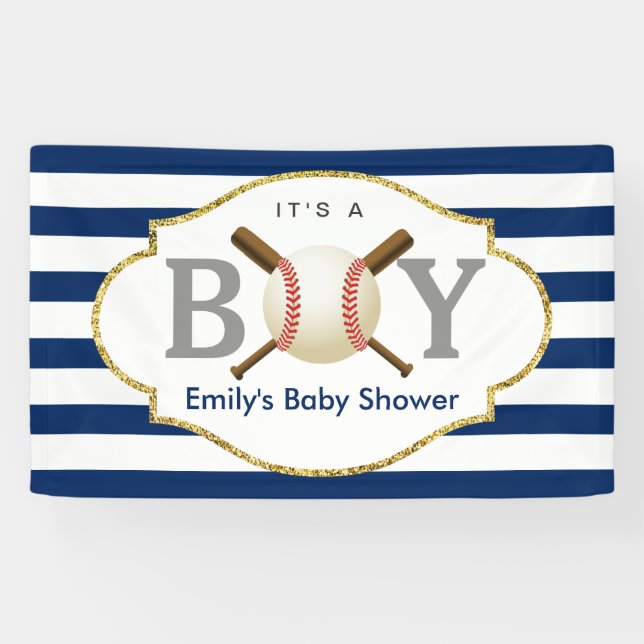 Banderoles Baby shower de baseball Boy Navy Blue Stripes (Horizontal)
