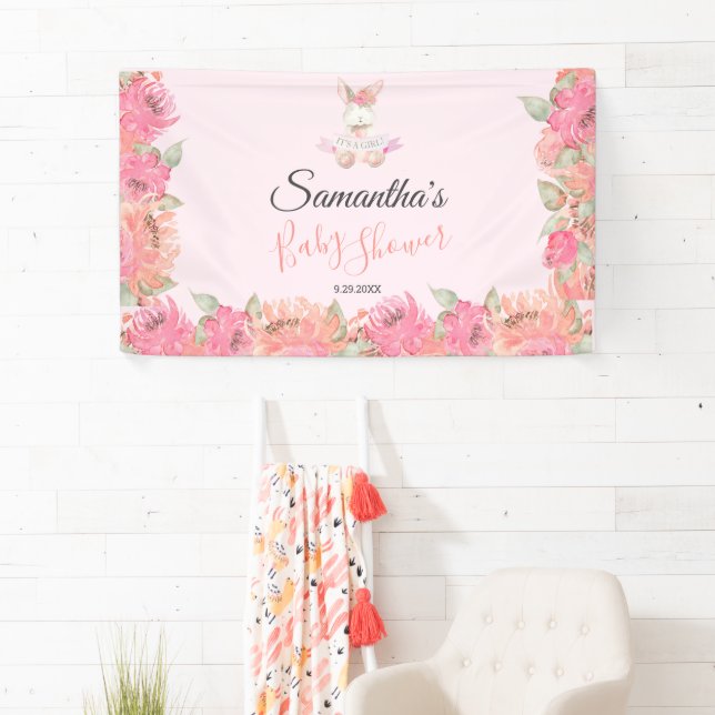 Banderoles Baby shower de fille d'aquarelle de lapin rose dou (En situation)