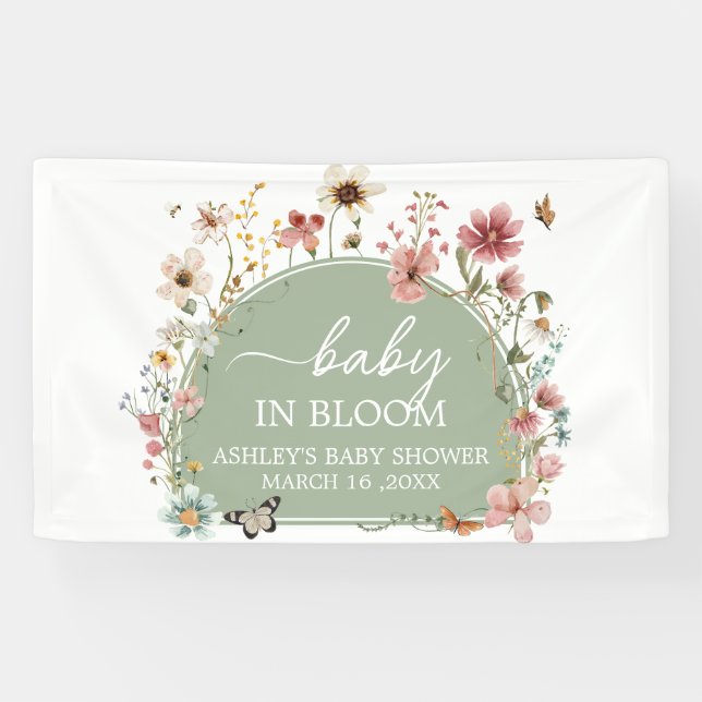 Banderoles Baby shower de fleurs de bébé vert Sage (Horizontal)