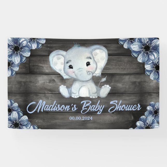 Banderoles Baby shower de fond d'éléphant de garçon bleu rust (Horizontal)