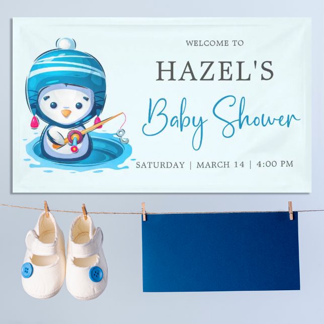 Banderoles Baby shower de pêche Icy Blue Winter Penguin (Créateur téléchargé)