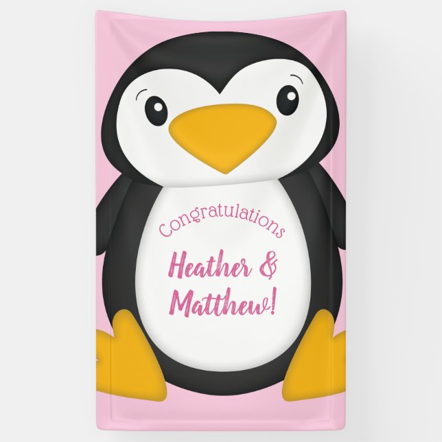 Banderoles Baby shower de pingouin rose (Vertical)