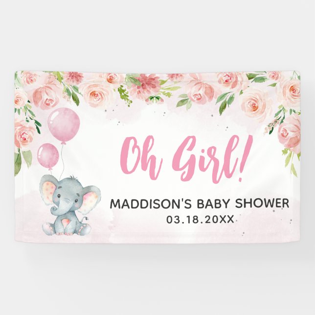 Banderoles Baby shower d'éléphant rose vif (Horizontal)