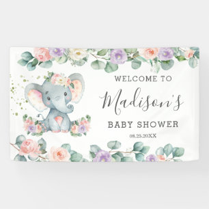 Banderoles Baby shower d'éléphants floraux mauves et bleus