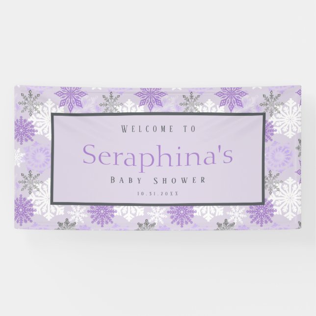Banderoles Baby shower d'hiver des flocons d'argent violet (Horizontal)